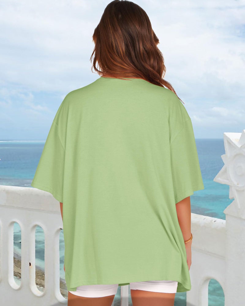 rosemia Oversized Tshirts for Women Summer Short Sleeve Round Neck Graphic Tee Shirt, Green Flowers, L - Image 5