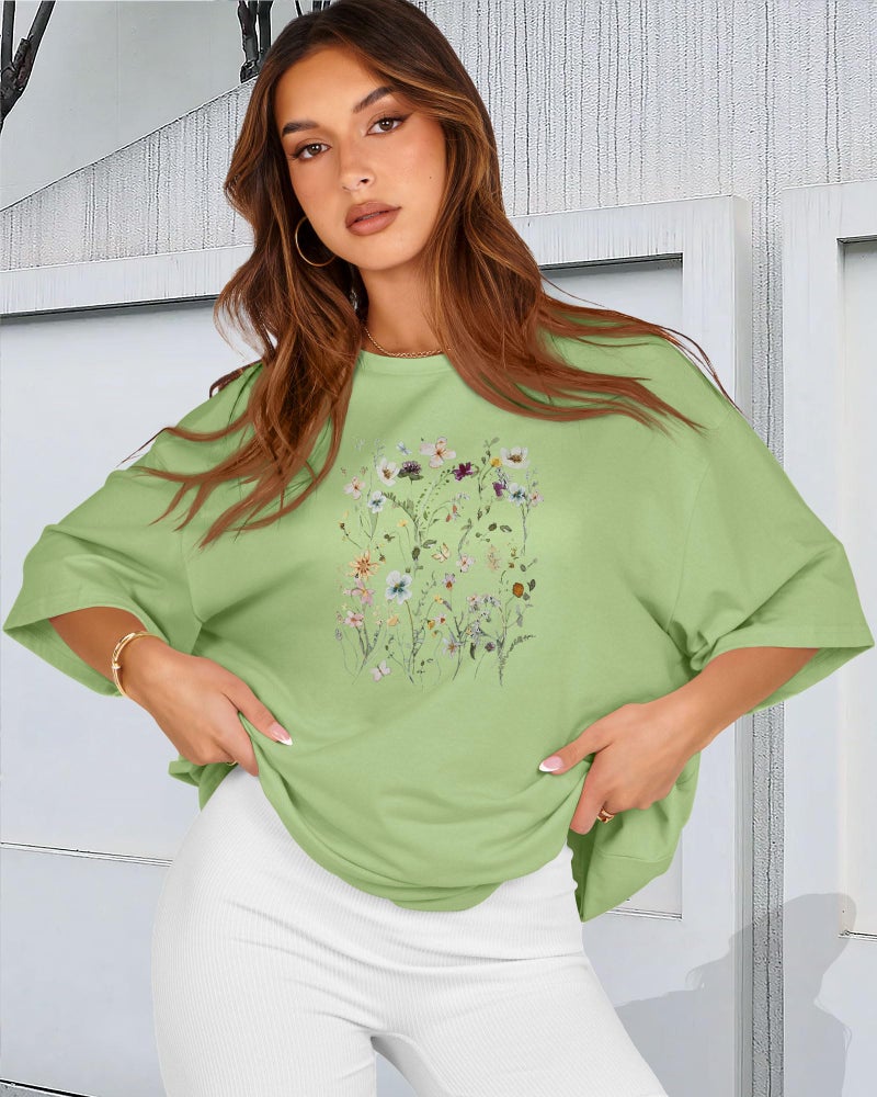 rosemia Oversized Tshirts for Women Summer Short Sleeve Round Neck Graphic Tee Shirt, Green Flowers, L - Image 2