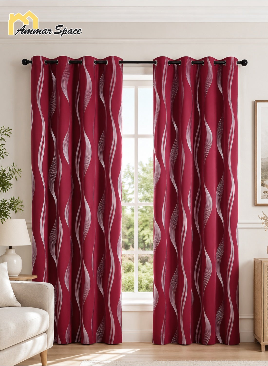 Ammar Space Red Blackout Curtain, 1 Panel, Silver Wave Pattern Thermal Insulated Room Darkening Grommet Curtain for Bedroom Living Room, W132 x L213 cm