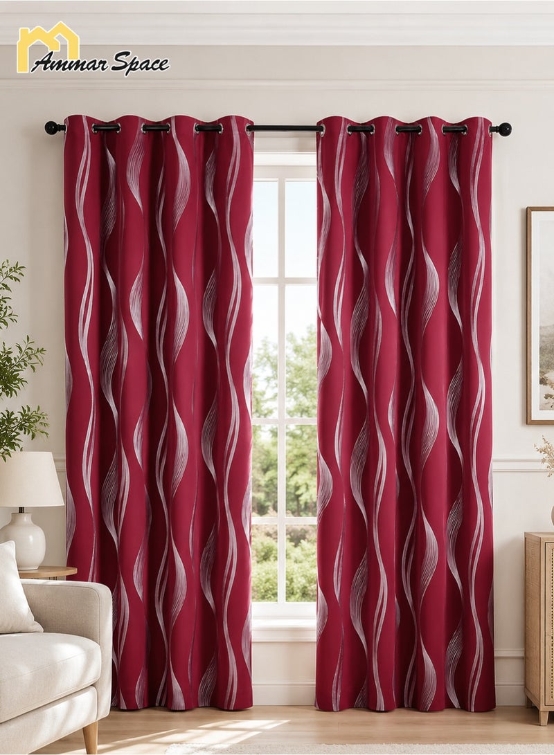 Ammar Space Red Blackout Curtain, 1 Panel, Silver Wave Pattern Thermal Insulated Room Darkening Grommet Curtain for Bedroom Living Room, W132 x L213 cm - Image 1