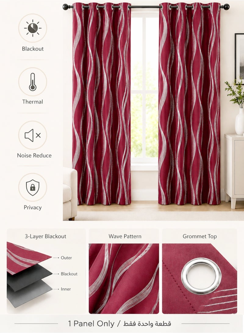 Ammar Space Red Blackout Curtain, 1 Panel, Silver Wave Pattern Thermal Insulated Room Darkening Grommet Curtain for Bedroom Living Room, W132 x L213 cm - Image 3