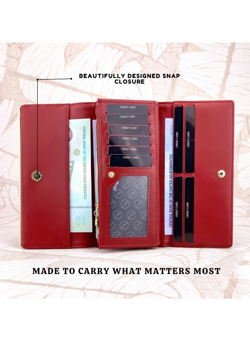 Classic Milano Red (JFL-8-(931-2)) Classic Milano Premium Faux Leather Long Wallet for Women with Snap Closure | Ladies Wallet Card Holder Purse | Slim Women's Wallet for Daily Use, Travel, and Gifting for Women | Best Price UAE