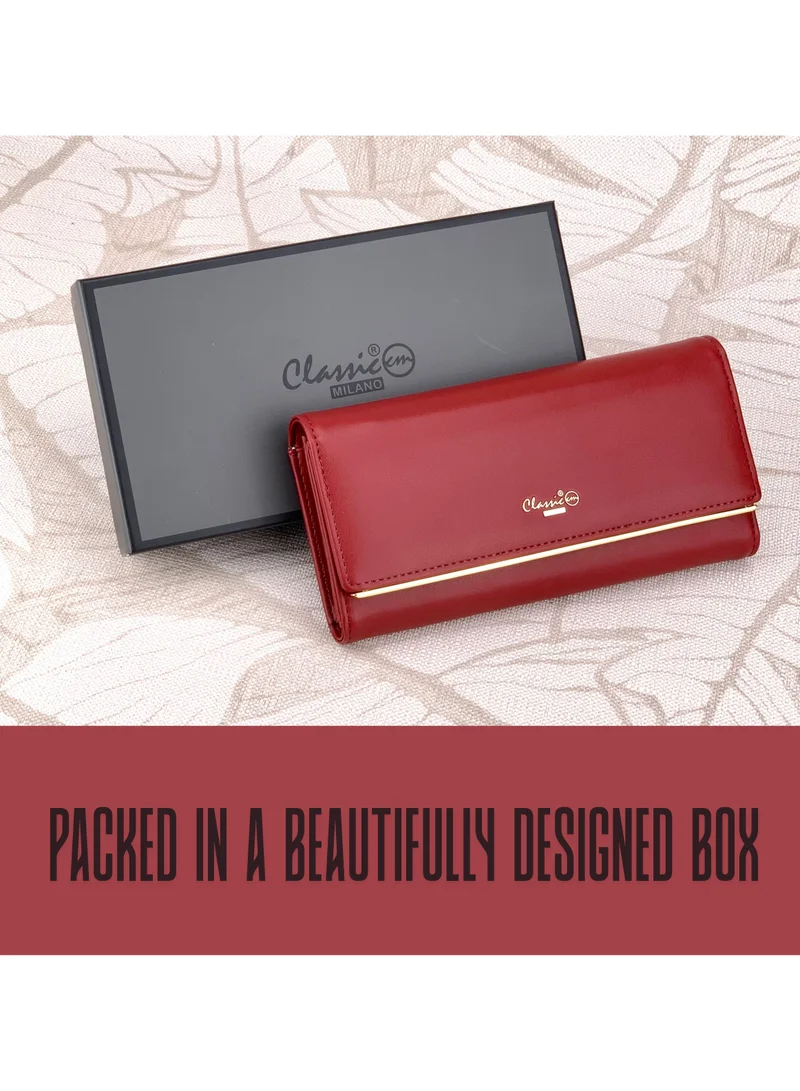 Classic Milano Red (JFL-8-(931-2)) Classic Milano Premium Faux Leather Long Wallet for Women with Snap Closure | Ladies Wallet Card Holder Purse | Slim Women's Wallet for Daily Use, Travel, and Gifting for Women | Best Price UAE