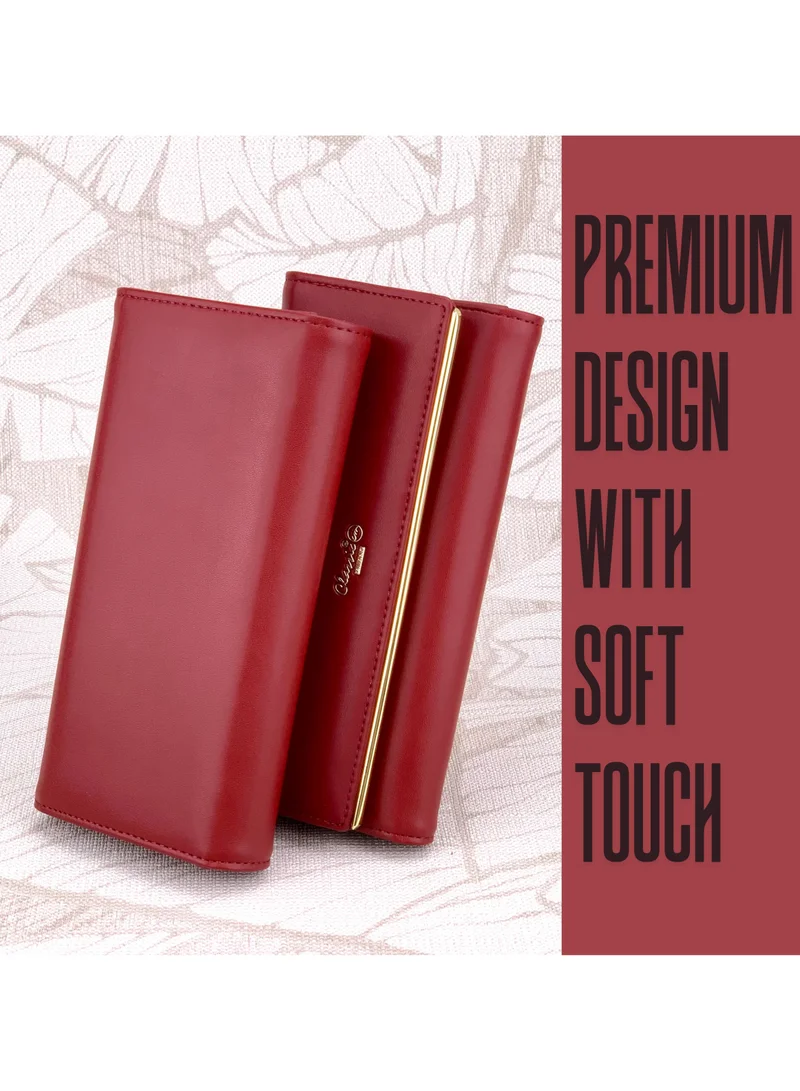 Classic Milano Red (JFL-8-(931-2)) Classic Milano Premium Faux Leather Long Wallet for Women with Snap Closure | Ladies Wallet Card Holder Purse | Slim Women's Wallet for Daily Use, Travel, and Gifting for Women | Best Price UAE