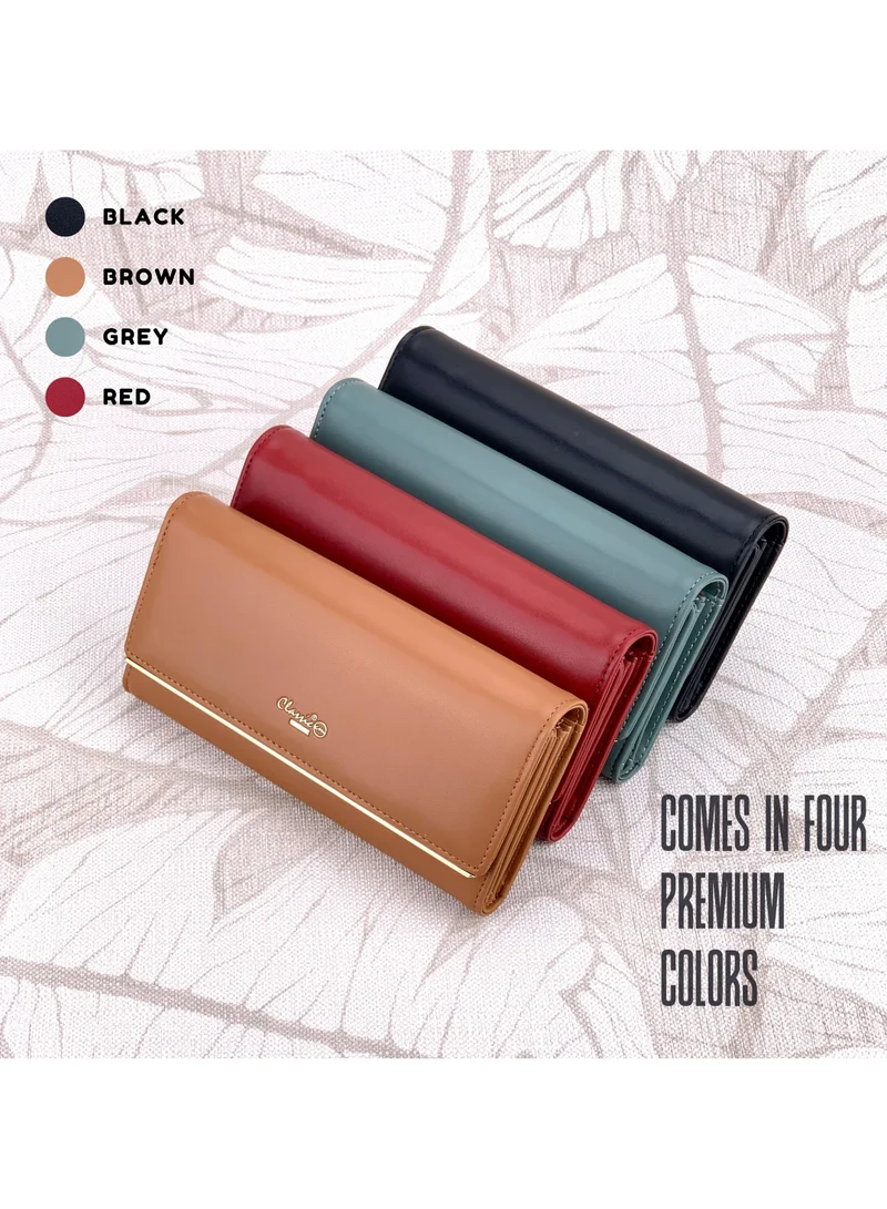 Classic Milano Red (JFL-8-(931-2)) Classic Milano Premium Faux Leather Long Wallet for Women with Snap Closure | Ladies Wallet Card Holder Purse | Slim Women's Wallet for Daily Use, Travel, and Gifting for Women | Best Price UAE
