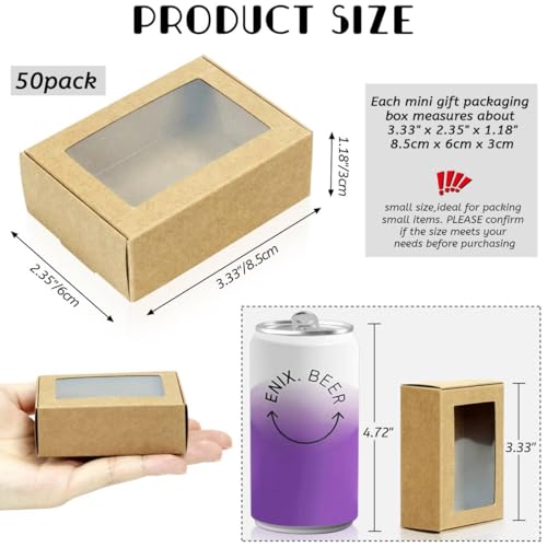 BadenBach 50 Pack Mini Rectangle Kraft Paper Boxes with Clear Windows,3.33" x 2.35" x 1.18",Tiny Small Homemade Soap Packaging Box Small Gift Boxes Bulk for Treat Candy Cookies Party Favors (Brown) - Image 2