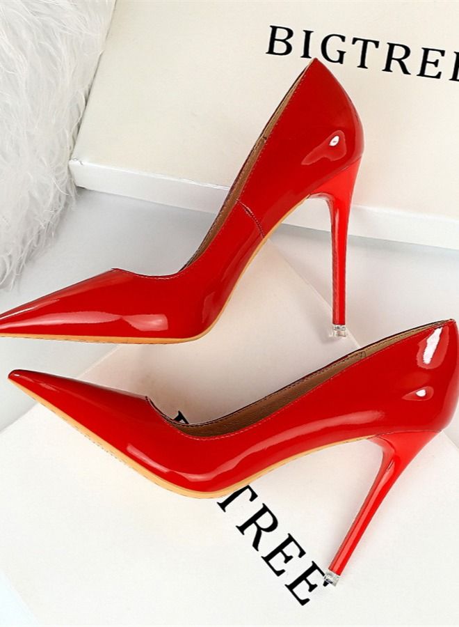 BIGTREE Glossy Patent Leather Shallow Mouth Pointed Thin High-Heeled Shoes 10.5CM Red