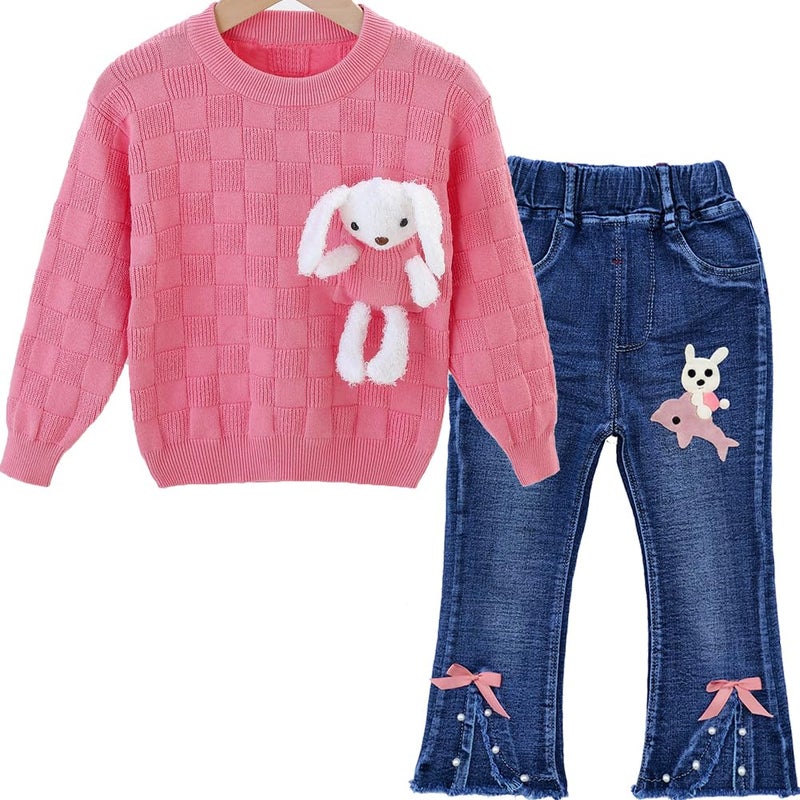 Peacolate 3T-7T Pink Bunny Pullover Sweater with Dolphin Denim Jeans Clothing sets for Little Kids Girls(Pink,5T) - Image 1