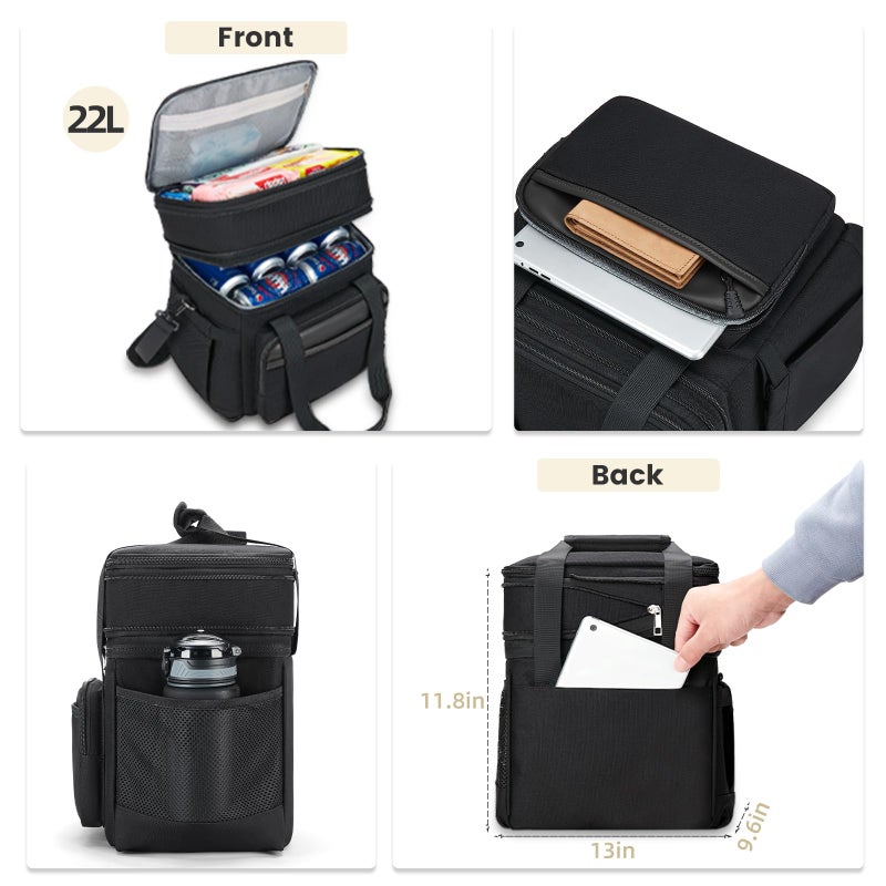 holuxer Insulated Lunch Bag & Lunch Box for Men - Double Deck Reusable Lunch Bag for Women Tote Cooler Bag Leakproof Soft Expandable - Extra Large Lunchbox for Work/Adult/Picnic/Outdoor (Blackï¼Œ22L) - Image 3