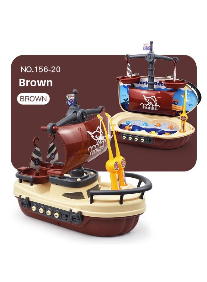 Children's Electric Magnetic Fishing Table Toy Backpack Sailboat Multi-function Early Education Music Rotating Fishing Plate-Color:156-20 Sailboat Fishing Table Brown - Image 1