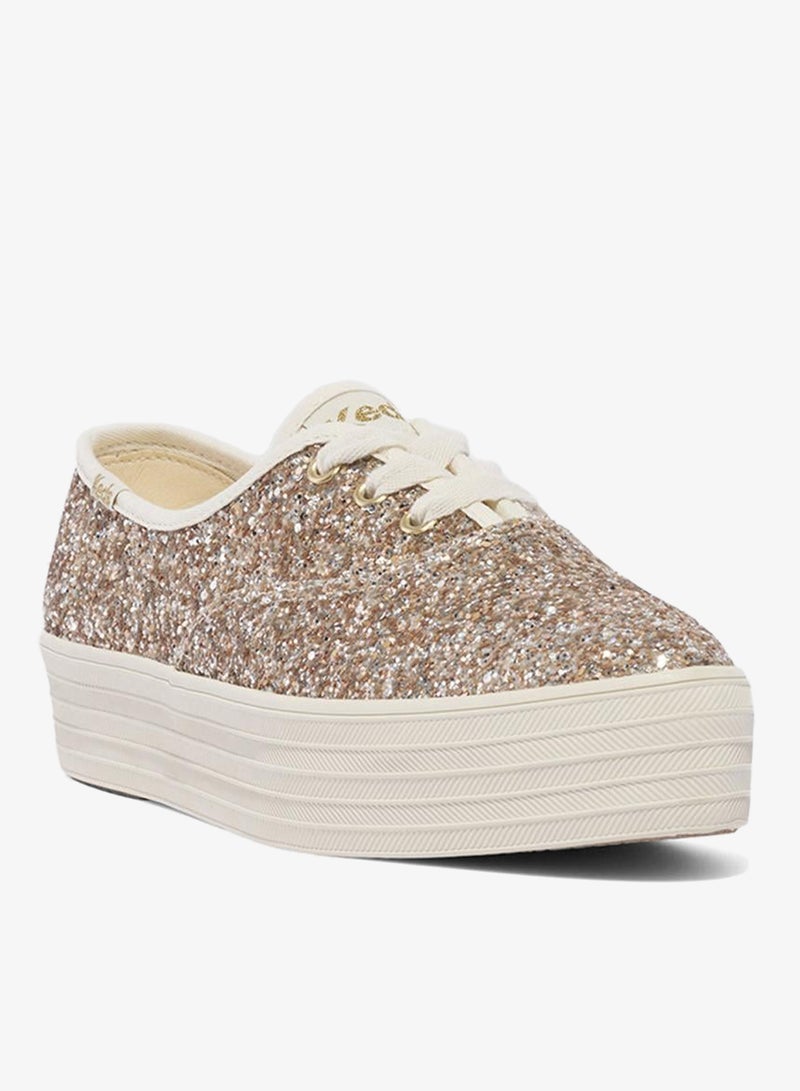 Keds Women's Point Lace Up Platform Glitter Casual Sneaker Gold - Image 3