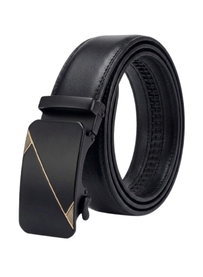 Men's Black Automatic Ratchet Belt with Geometric Gold Diagonal Line Metal Buckle - Image 1