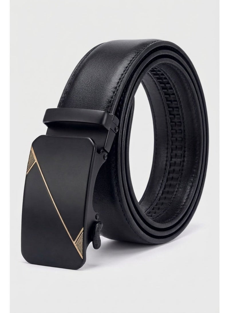 Men's Black Automatic Ratchet Belt with Geometric Gold Diagonal Line Metal Buckle - Image 5