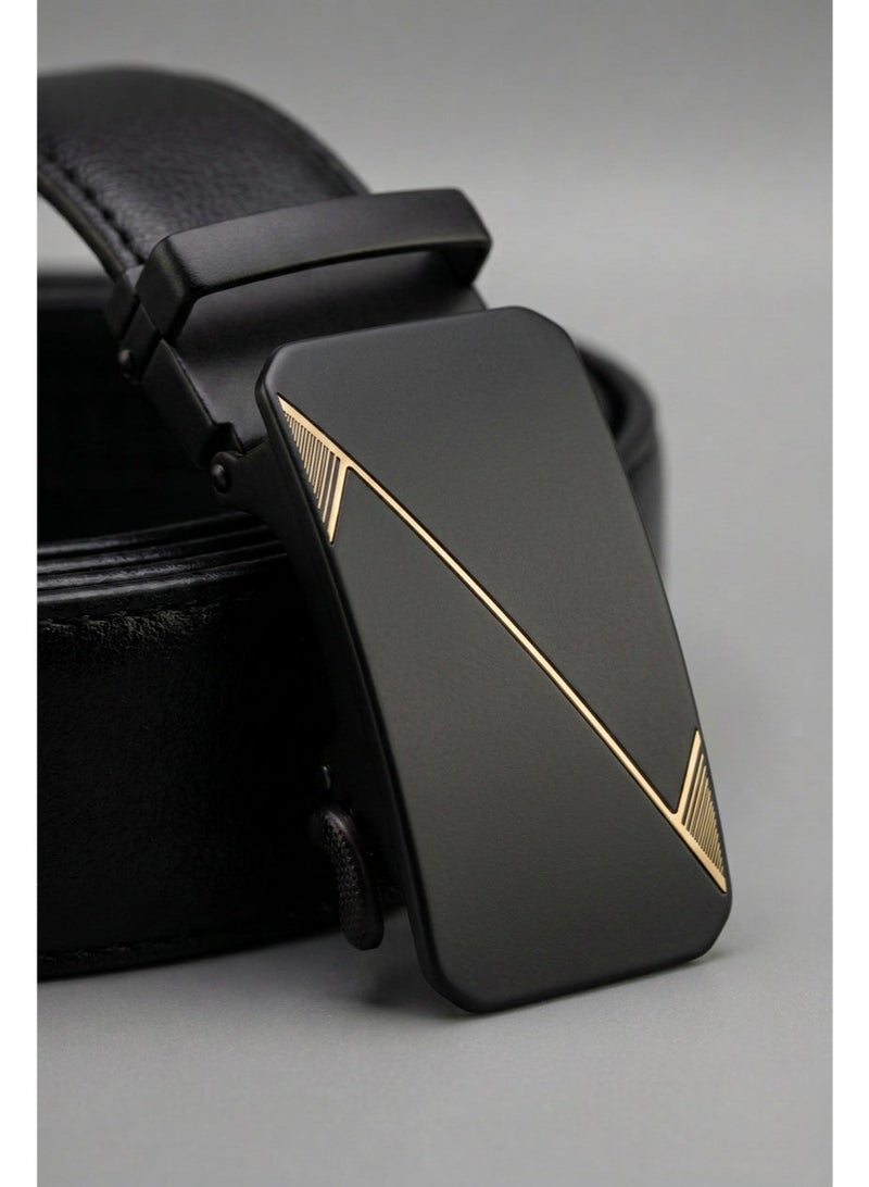 Men's Black Automatic Ratchet Belt with Geometric Gold Diagonal Line Metal Buckle - Image 3