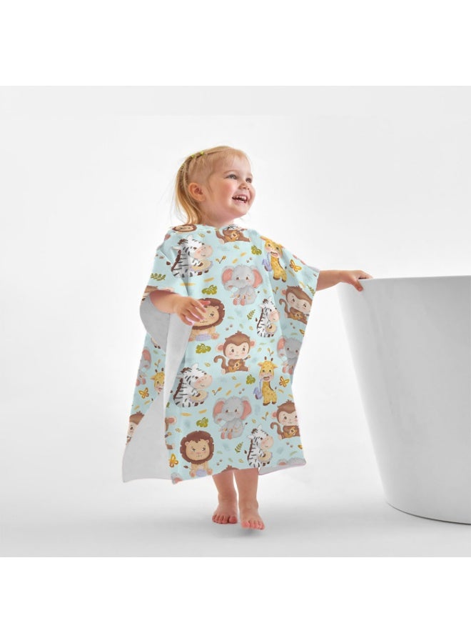 Light Mint Base Cartoon Jungle Little Animals Printed Kids Hooded Quick Dry Poncho Towel, Lion Elephant Monkey Giraffe Zebra Pattern Polyester Soft Water Absorbent Windproof Bath Robe for Boys Girls, Loose Changing Cover Up for Beach, Swimming Pool, Hot Spring and Daily Home Bath - Image 3
