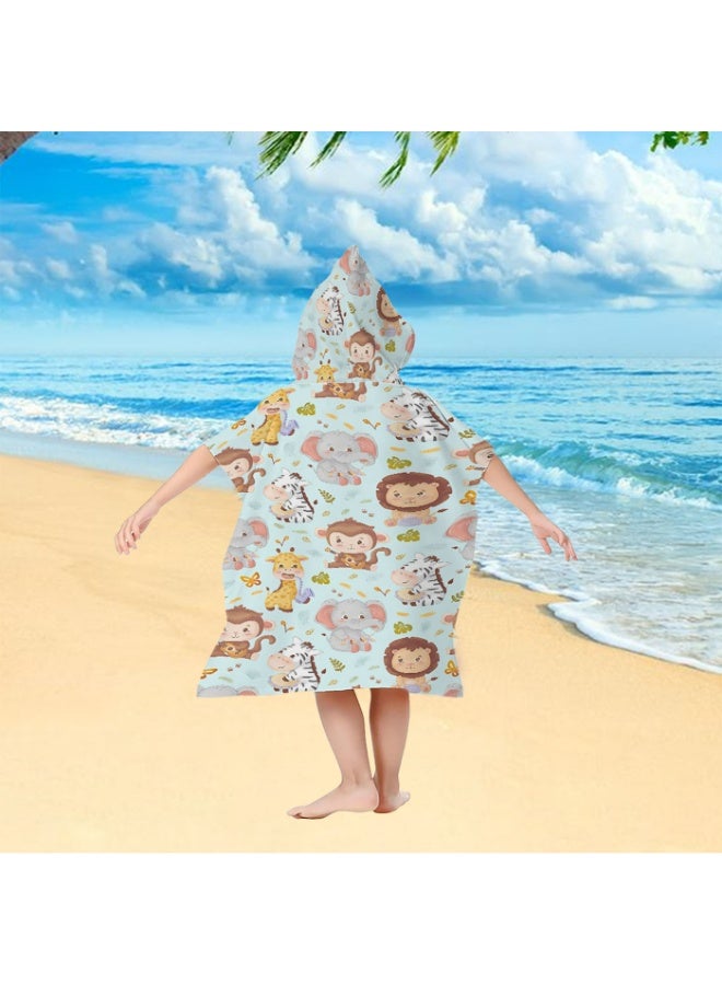 Light Mint Base Cartoon Jungle Little Animals Printed Kids Hooded Quick Dry Poncho Towel, Lion Elephant Monkey Giraffe Zebra Pattern Polyester Soft Water Absorbent Windproof Bath Robe for Boys Girls, Loose Changing Cover Up for Beach, Swimming Pool, Hot Spring and Daily Home Bath - Image 4