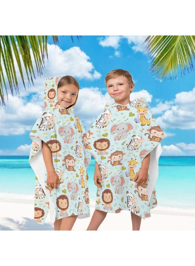 Light Mint Base Cartoon Jungle Little Animals Printed Kids Hooded Quick Dry Poncho Towel, Lion Elephant Monkey Giraffe Zebra Pattern Polyester Soft Water Absorbent Windproof Bath Robe for Boys Girls, Loose Changing Cover Up for Beach, Swimming Pool, Hot Spring and Daily Home Bath - Image 2