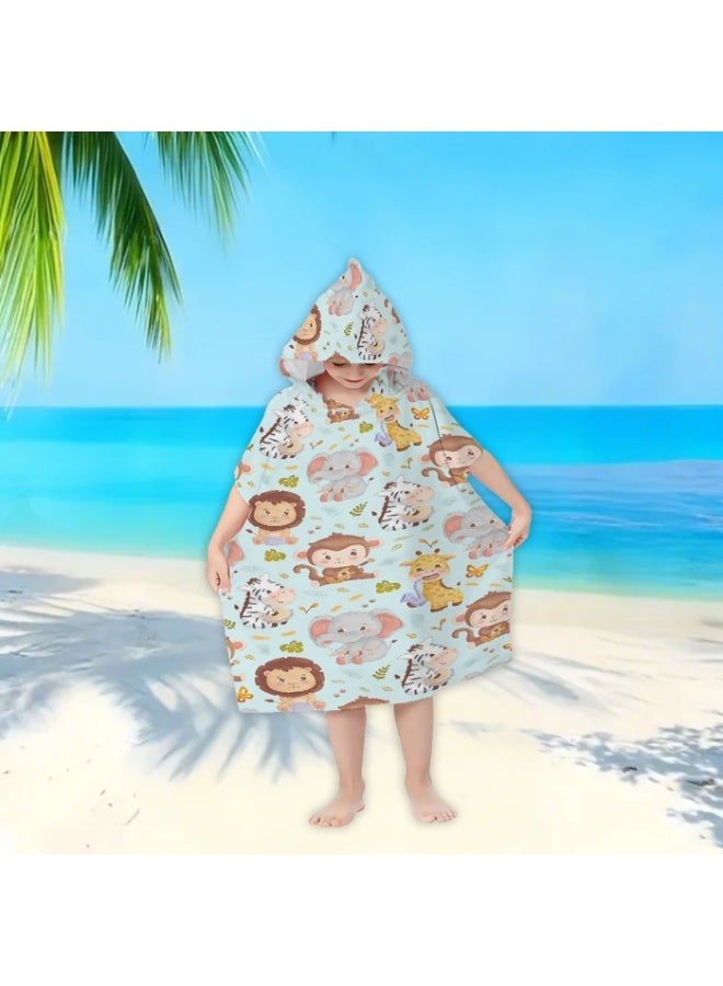 Light Mint Base Cartoon Jungle Little Animals Printed Kids Hooded Quick Dry Poncho Towel, Lion Elephant Monkey Giraffe Zebra Pattern Polyester Soft Water Absorbent Windproof Bath Robe for Boys Girls, Loose Changing Cover Up for Beach, Swimming Pool, Hot Spring and Daily Home Bath - Image 1