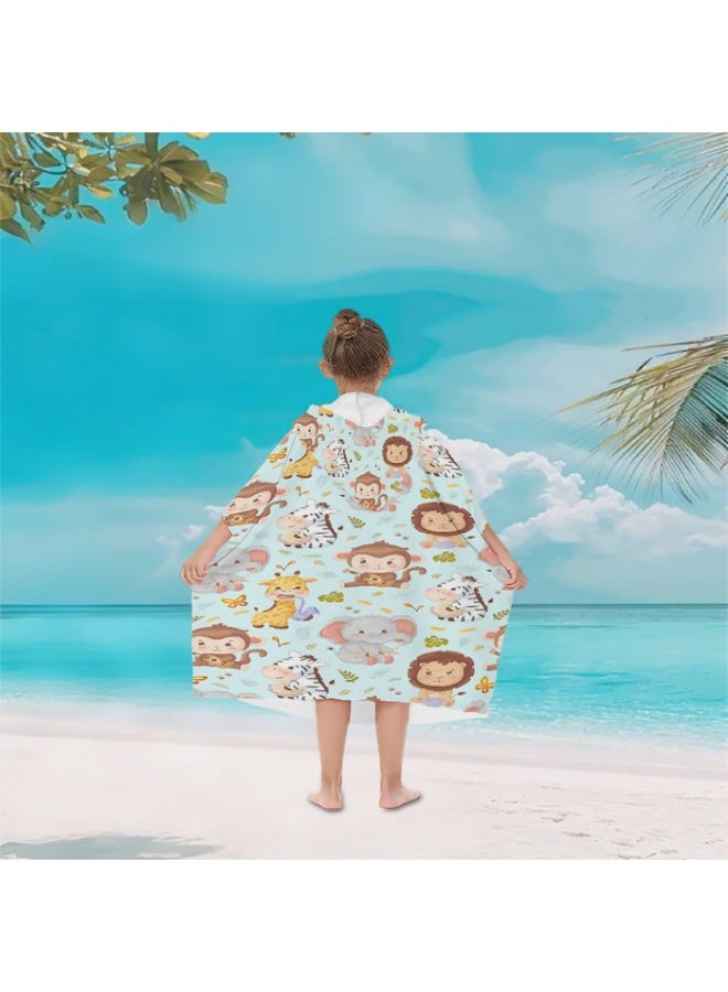 Light Mint Base Cartoon Jungle Little Animals Printed Kids Hooded Quick Dry Poncho Towel, Lion Elephant Monkey Giraffe Zebra Pattern Polyester Soft Water Absorbent Windproof Bath Robe for Boys Girls, Loose Changing Cover Up for Beach, Swimming Pool, Hot Spring and Daily Home Bath - Image 5