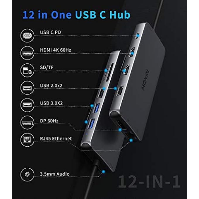 Mokin 12-IN-1 USB C DOCKING STATION DUAL MONITOR WITH TRIPLE DISPLAY, 2 HDMI, DISPLAYPORT, 100W PD, 4 USB, GIGABIT ETHERNET, SD/TF, AUDIO PORT - MULTIPORT ADAPTER FOR HP/DELL/LENOVO - Image 2