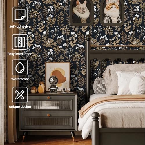 Abyssaly Vintage Floral Wallpaper Peel and Stick Boho Black and Gold Academic Contact Paper Self Adhesive Removable Moody Wallpaper for Wall Cabinets 177 in X 118 in - Image 3