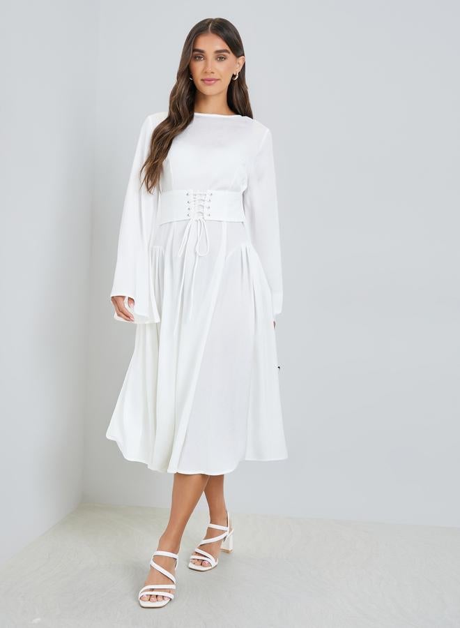 Styli Women Off-White Long Sleeves A-Line Midi Dress - Image 1