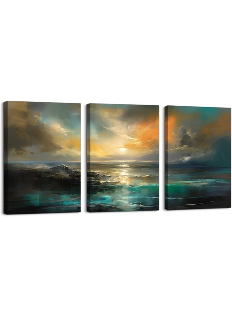 Today Idea Today Idea Abstract Sea Canvas Art Prints, Set of 3, Sunset Landscape Paintings with Inner Frame, Wall for Bedroom, Living Room, Dressing Room & Office Decor 20x16 inch - Image 1