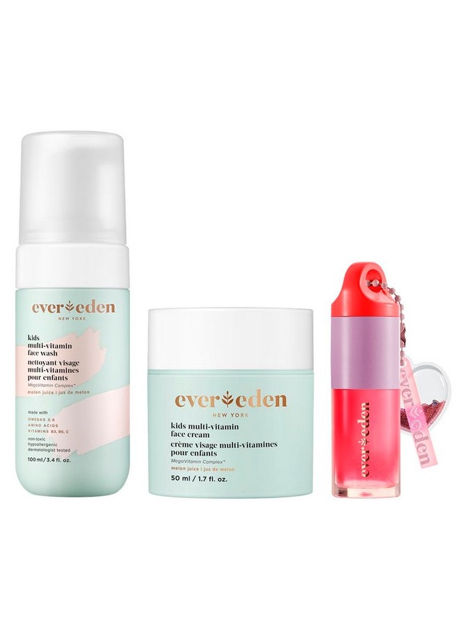 Evereden Evereden Happy Kids Skin & Lips Routine - Multi-Vitamin Kids Face Wash & Kids Face Cream & Tinted Lip Oil Set - Clean & Vegan Skin Care for Kids 3+ - Moisturizing, Nourishing, & Protective Kids Skin  - Image 1