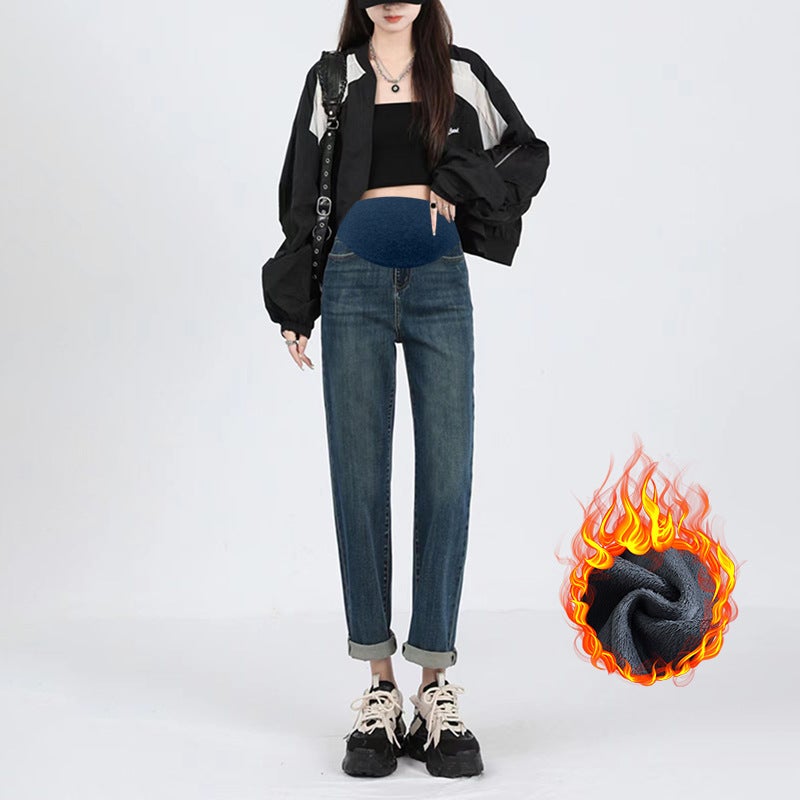 Pregnant Womens Wear 2024 Pregnant Womens Jeans Winter fleece-lined Thickened fleece-lined Style Retro Blue Belly Pants for Women 9398b blue gray baby velvet