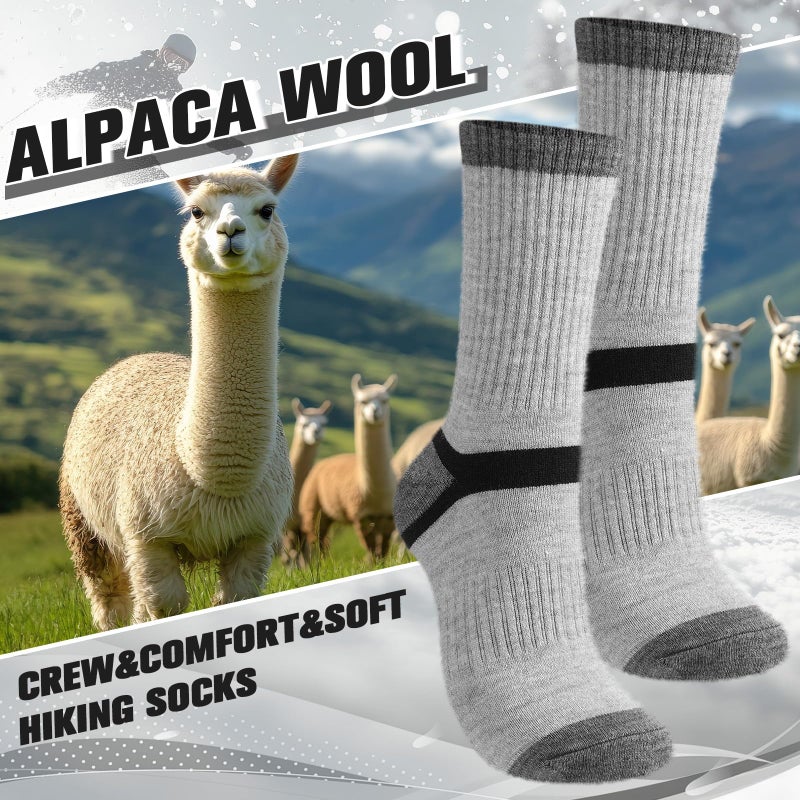 Cutecrop 2 Pairs Alpaca Wool Hiking Socks for Men Women Alpaca Wool Blend Thick Thermal Winter Crew Boot Socks(Dark Gray and Light Gray,8-10) - Image 2
