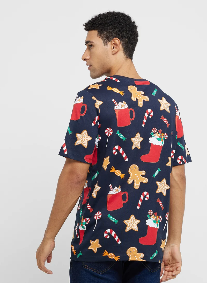 جاك اند جونز Christmas All Over Printed Crew Neck T-Shirt