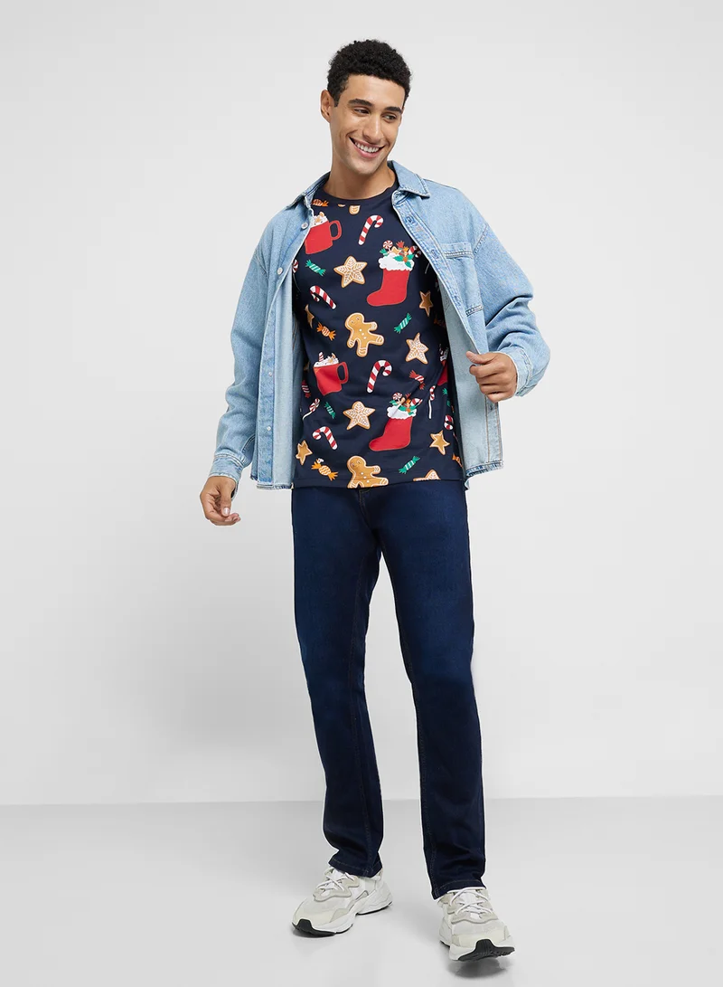 جاك اند جونز Christmas All Over Printed Crew Neck T-Shirt