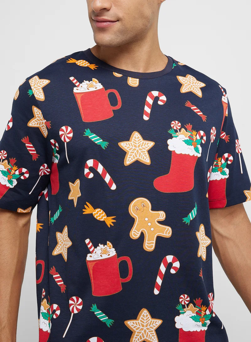 جاك اند جونز Christmas All Over Printed Crew Neck T-Shirt