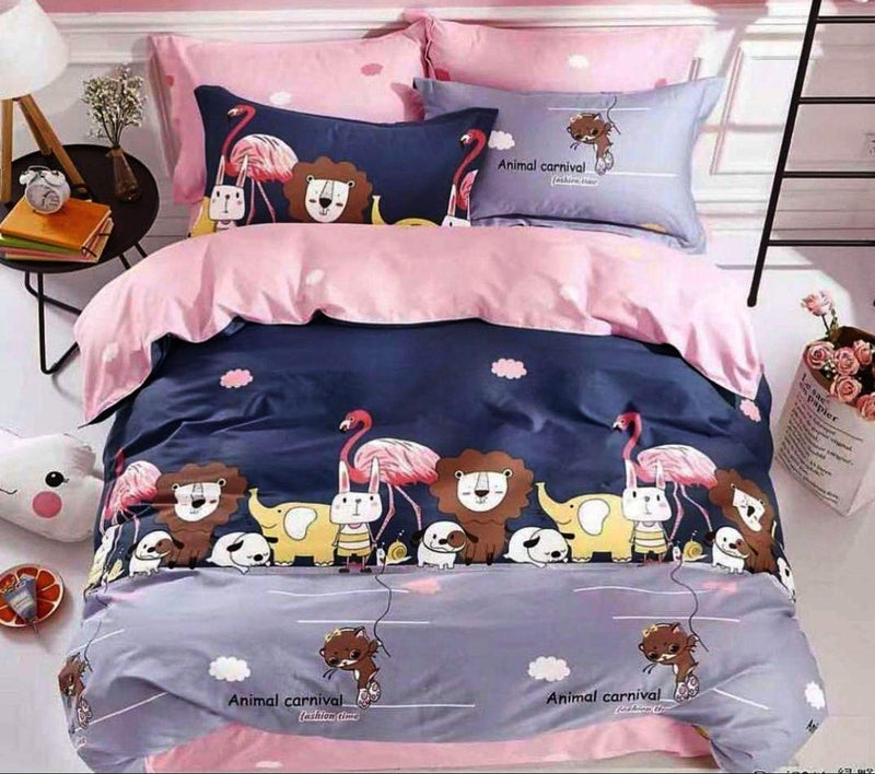 BhaiJi BedSheet مفرش سرير بهائيجي 180 TC للأطفال بطبعة كرتونية مزدوجة مع 2 غطاء وسادة - كرنفال الحيوانات - Image 1