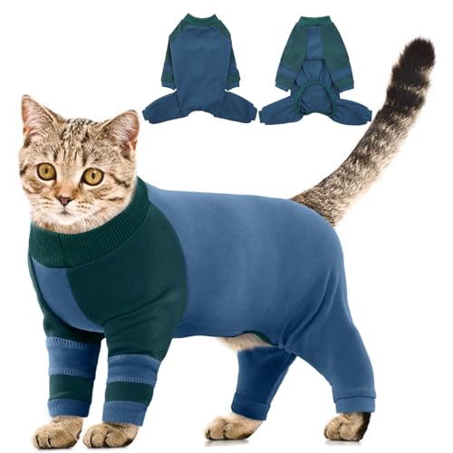 ADNIKIA Sticky Hair Cat Clothes, Four-Leg Long Sleeve Cat Pajamas, Prevent Fur Shedding Kitten Onesie Shirts, Surgery Recovery Suit for Male Female, Wound Protection & Preventing Licking - Image 1