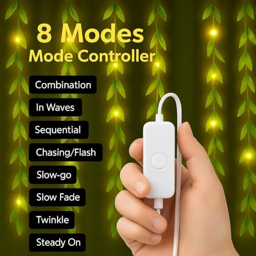 FLYNGO Artificial Leaf Curtain LED String Light, 200 LEDs, 8 Modes, Adjustable Brightness, Lights for Diwali Decoration, Home, Bedroom, Wedding, Party, Festive Decor (Warm White) - Image 2