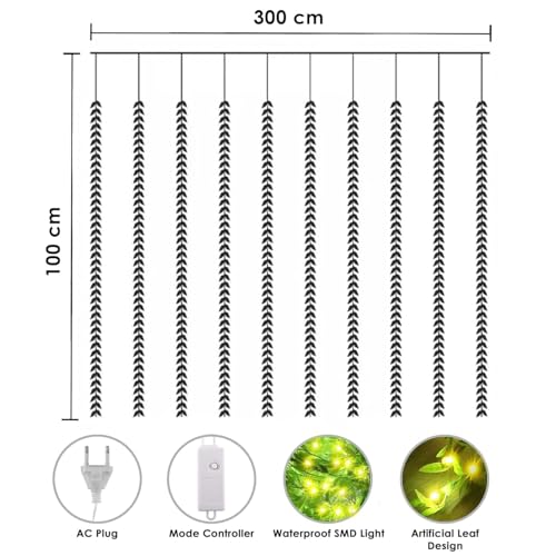 FLYNGO Artificial Leaf Curtain LED String Light, 200 LEDs, 8 Modes, Adjustable Brightness, Lights for Diwali Decoration, Home, Bedroom, Wedding, Party, Festive Decor (Warm White) - Image 3