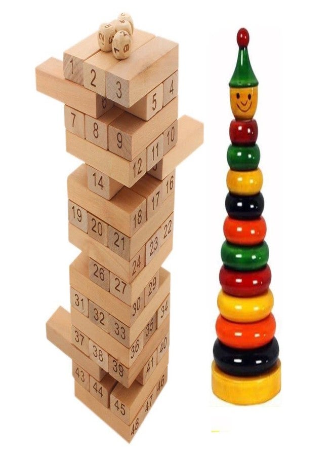Authfort Wooden Natural Wood Color Good Building Blocks Educational Game Toy 48 Pcs & Wooden 10 Piece Toddlers Montessori Ring Set Combo 2 (Multicolor) - Image 1