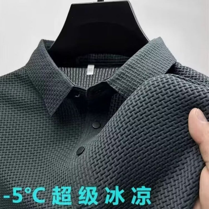 2024 spring and summer new business commuter ice silk solid color simple mens lapel Polo shirt short sleeve T-shirt mens clothing Gray - Image 4