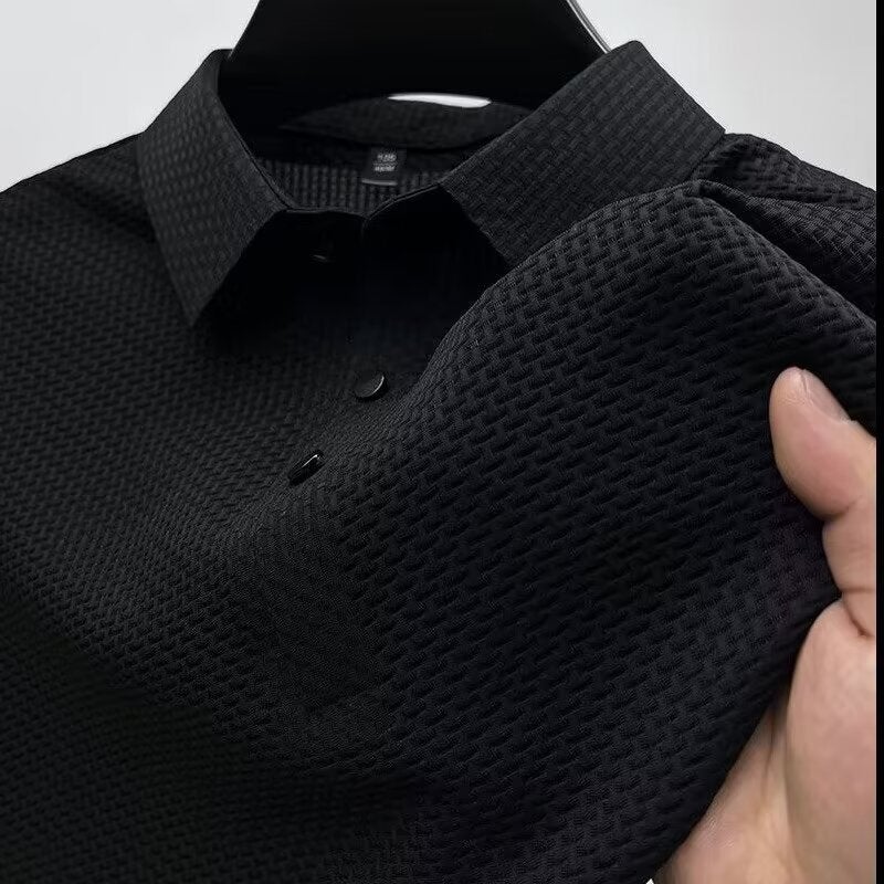 2024 spring and summer new business commuter ice silk solid color simple mens lapel Polo shirt short sleeve T-shirt mens clothing Gray - Image 5