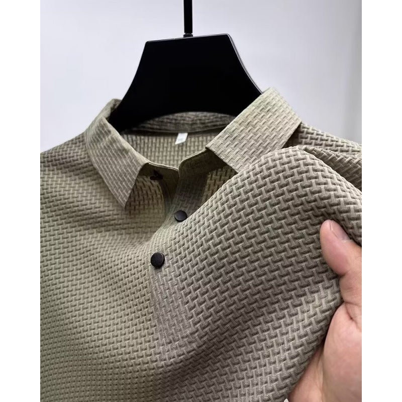 2024 spring and summer new business commuter ice silk solid color simple mens lapel Polo shirt short sleeve T-shirt mens clothing Gray - Image 2
