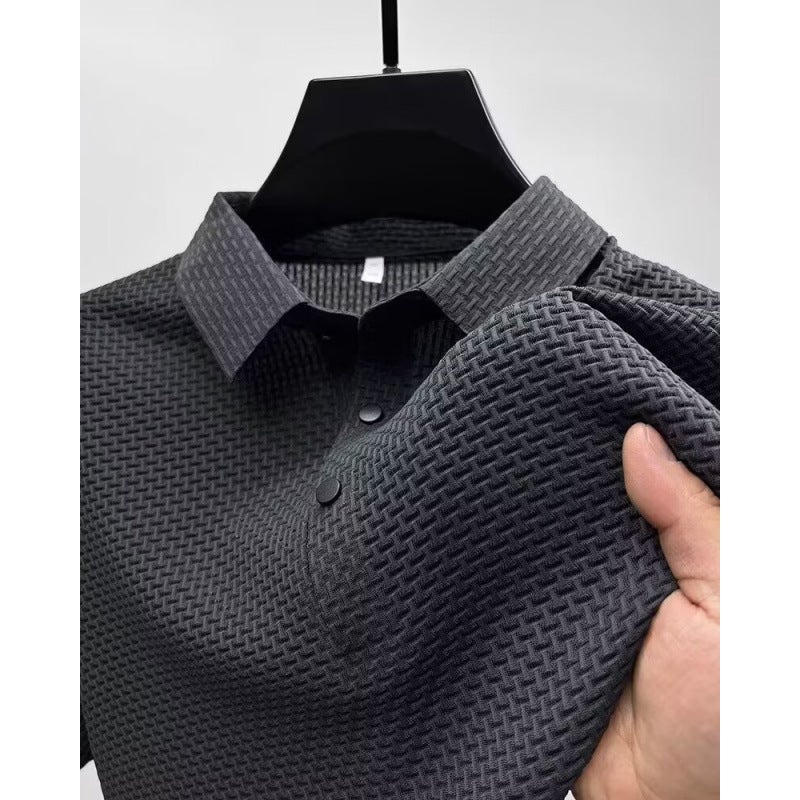 2024 spring and summer new business commuter ice silk solid color simple mens lapel Polo shirt short sleeve T-shirt mens clothing Gray - Image 1