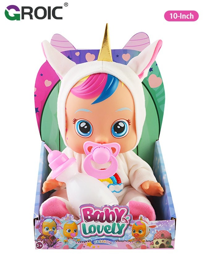 GROIC 10 Inch Cute Cry Baby Doll Dreamy Interactive Realistic 3D Simulation Baby Doll, Normal, Drink and Cry Little Dolls with 4 Emotions Baby Sounds  - Image 1