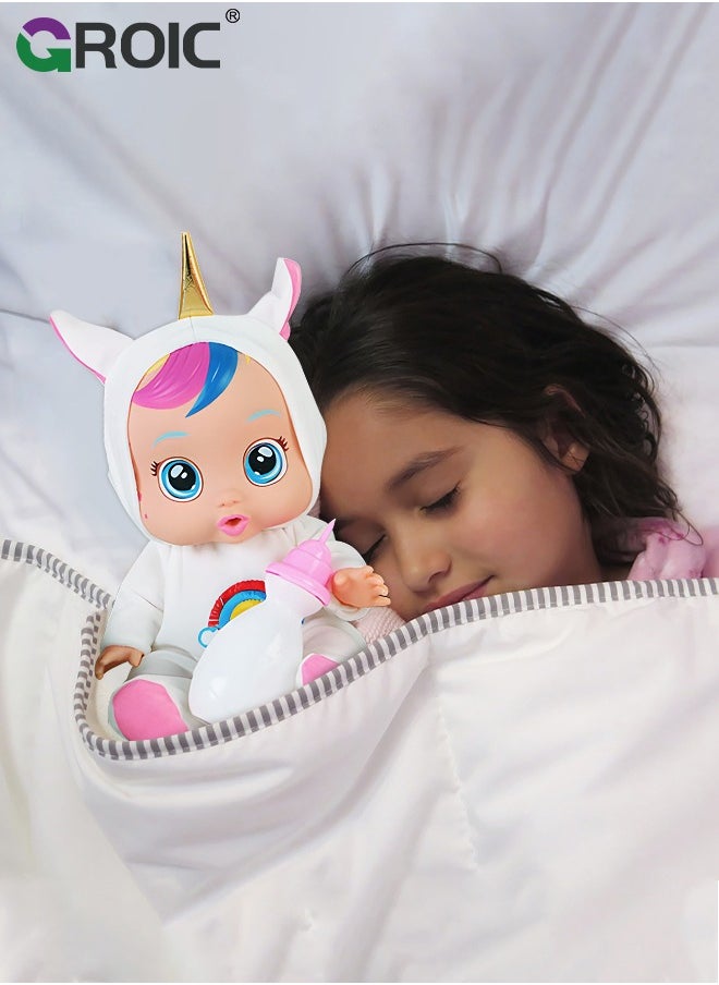 GROIC 10 Inch Cute Cry Baby Doll Dreamy Interactive Realistic 3D Simulation Baby Doll, Normal, Drink and Cry Little Dolls with 4 Emotions Baby Sounds  - Image 4