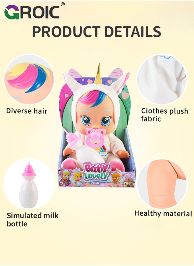 GROIC 10 Inch Cute Cry Baby Doll Dreamy Interactive Realistic 3D Simulation Baby Doll, Normal, Drink and Cry Little Dolls with 4 Emotions Baby Sounds  - Image 2