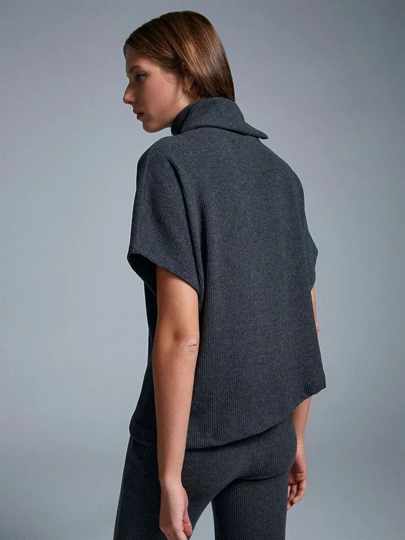 ديلفين DILVIN Ribbed Turtleneck Short-sleeve Blouse