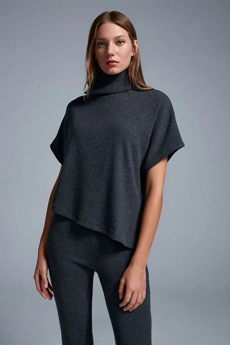 ديلفين DILVIN Ribbed Turtleneck Short-sleeve Blouse