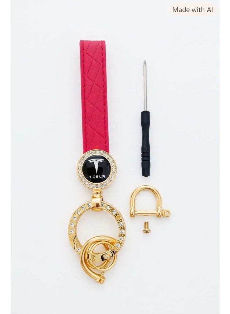 Car keychain with padded strap and gold-tone key ring, Tesla red