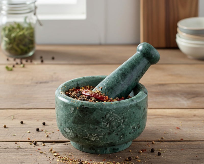 KLEO 5-Inch Width Natural Stoneware Mortar and Pestle Set, Green - Image 1