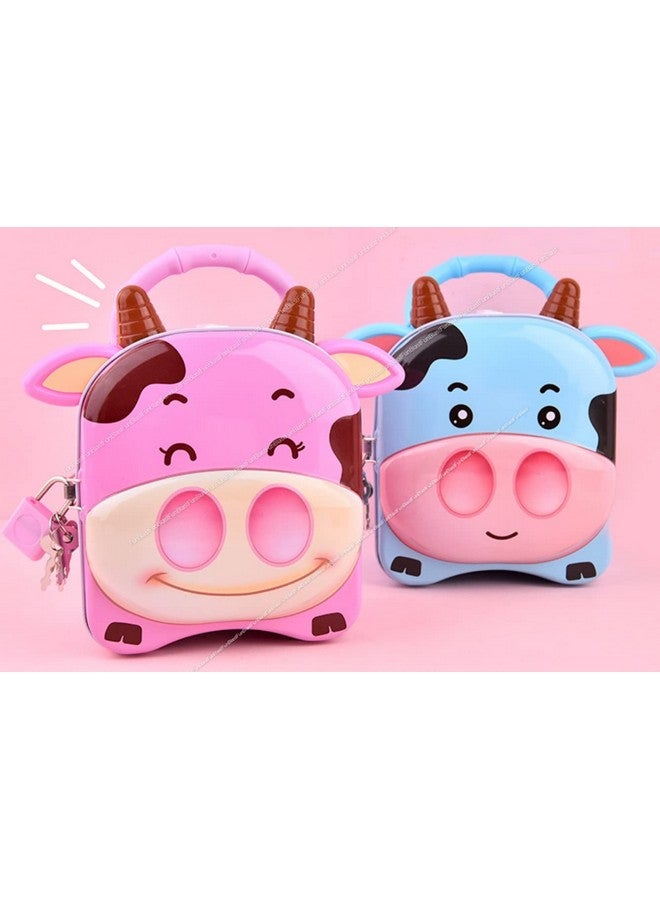 فنبلاست حصالة نقود من فن بلاست للأطفال، حصالة نقود معدنية لحفظ النقود مع قفل ومفتاح - حصالة نقود مطبوعة بطبعة بقرة، صندوق نقود للأطفال - Image 4